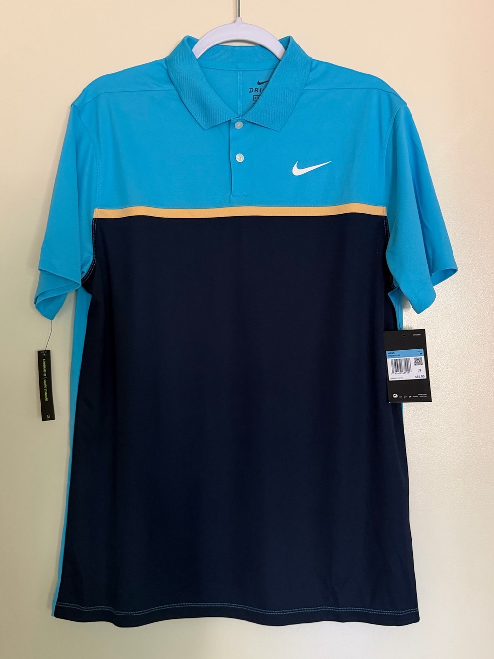 Nike Men’s Aqua and Navy Colorblock Golf Polo with Gold Stripe